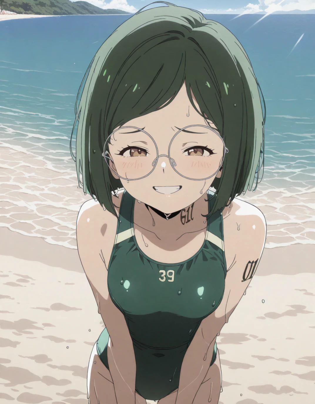 anime screenshot, flat color,  <lora:ai_styles_collection_noob_eps_v1:1>, masterpiece, best quality, absurdres, 1girl, solo, <lora:Gilda-TPN:0.8>, gilda, green hair, short hair, round eyewear, glasses, brown eyes, neck tattoo, number tattoo, grin from, above, green one-piece swimsuit, wet, beach, sunlight,