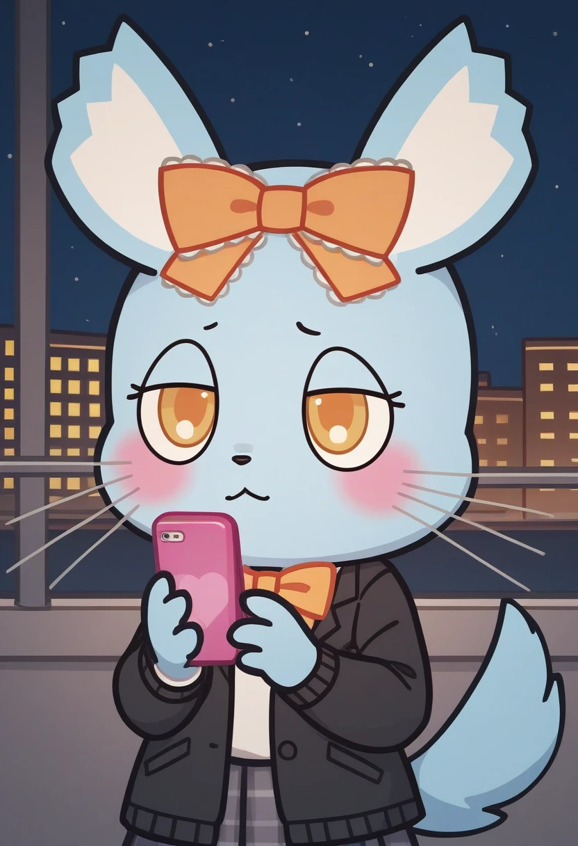 score_9, score_8_up, score_7_up, score_6_up, score_5_up, BREAK
Man4ka, anthro, female, Aggretsuko, 1girl, solo, blush, bow, holding, animal ears, yellow eyes, hair bow, no humans, :3, night, phone, cellphone, smartphone, furry, holding phone, city, orange bow, whiskers