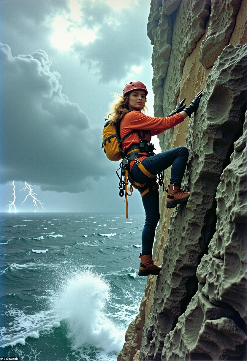 In this riveting scene, the talented woman named Sara Carrolli, bravely taking on the role of an adventurous protagonist, performs a breathtaking action shot as she leaps from a cliff, grasping a grappling hook with determination and precision, her long, tawny locks flying behind in the wind.