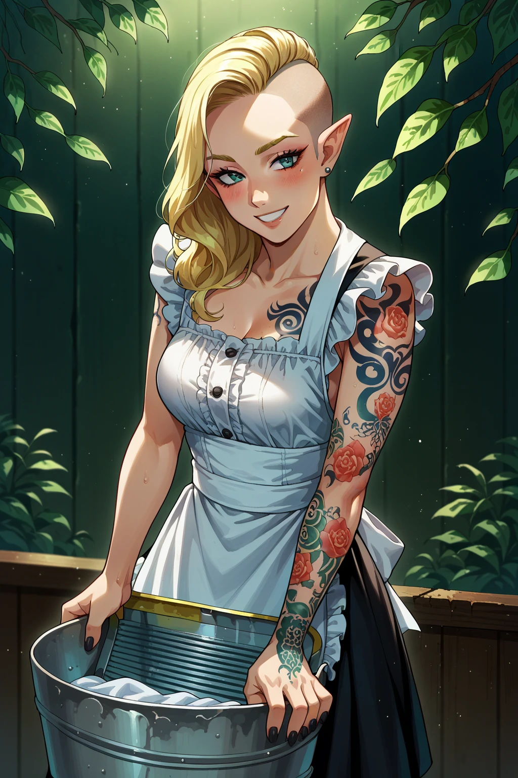 Maid Dress, Black Skirt, White Apron, Mini Skirt, blush,, score_9, score_8_up, score_7_up, source_anime,, solo, soft smile, light smile.
katya1, 1girl, Blonde hair, long hair, Undercut, Shaved Undercut, Nail Polish, Tattoo on left arm. Floral Tattoo. Tattoo Sleeve. Elf Ears, Sexy Elf Woman, medium breasts, Vintage Washboard, Glass Washboard, Frottoir, Washing Laundry, Scrubbing Laundry, Scrubbing. Suds. Scrubbing on Washboard.