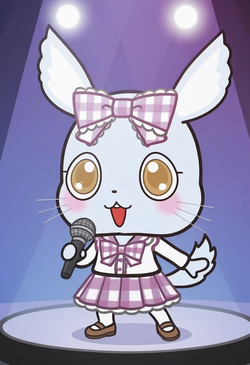 Man4ka, anthro, female, Aggretsuko, solo, blush, open mouth, skirt, bow, holding, no humans, :3, cat, microphone, holding microphone, whiskers, stage, spotlight, stage lights