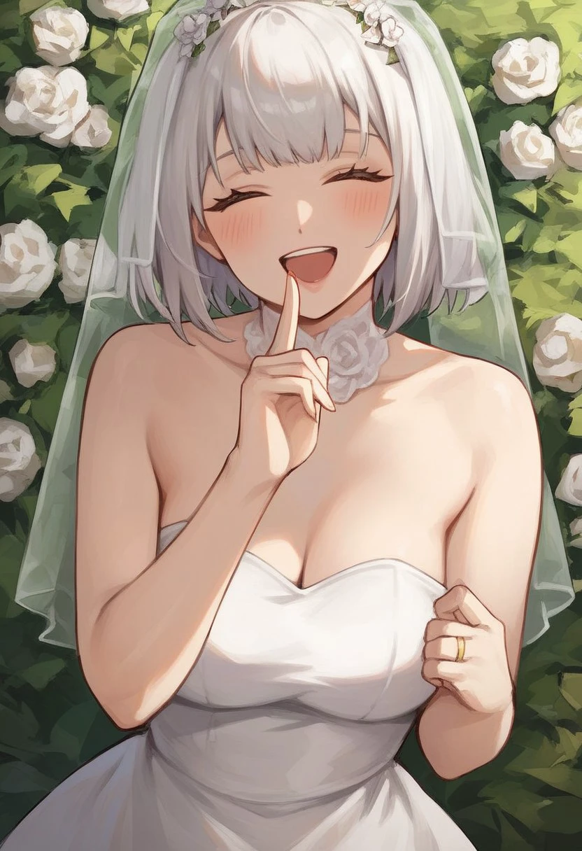 score_9, score_8_up, score_7_up, 
SharonUA,
source_vanillaware, 
1girl, solo, 
wedding, garden,
medium breasts, droopy eyes, light skin, no ears, white hair, short hair, bob cut, eyes closed, choppy bangs, eyelashes,
ballgown, wedding dress, gold ring, ring on finger, wedding veil,
laughing, blushing, facing viewer,