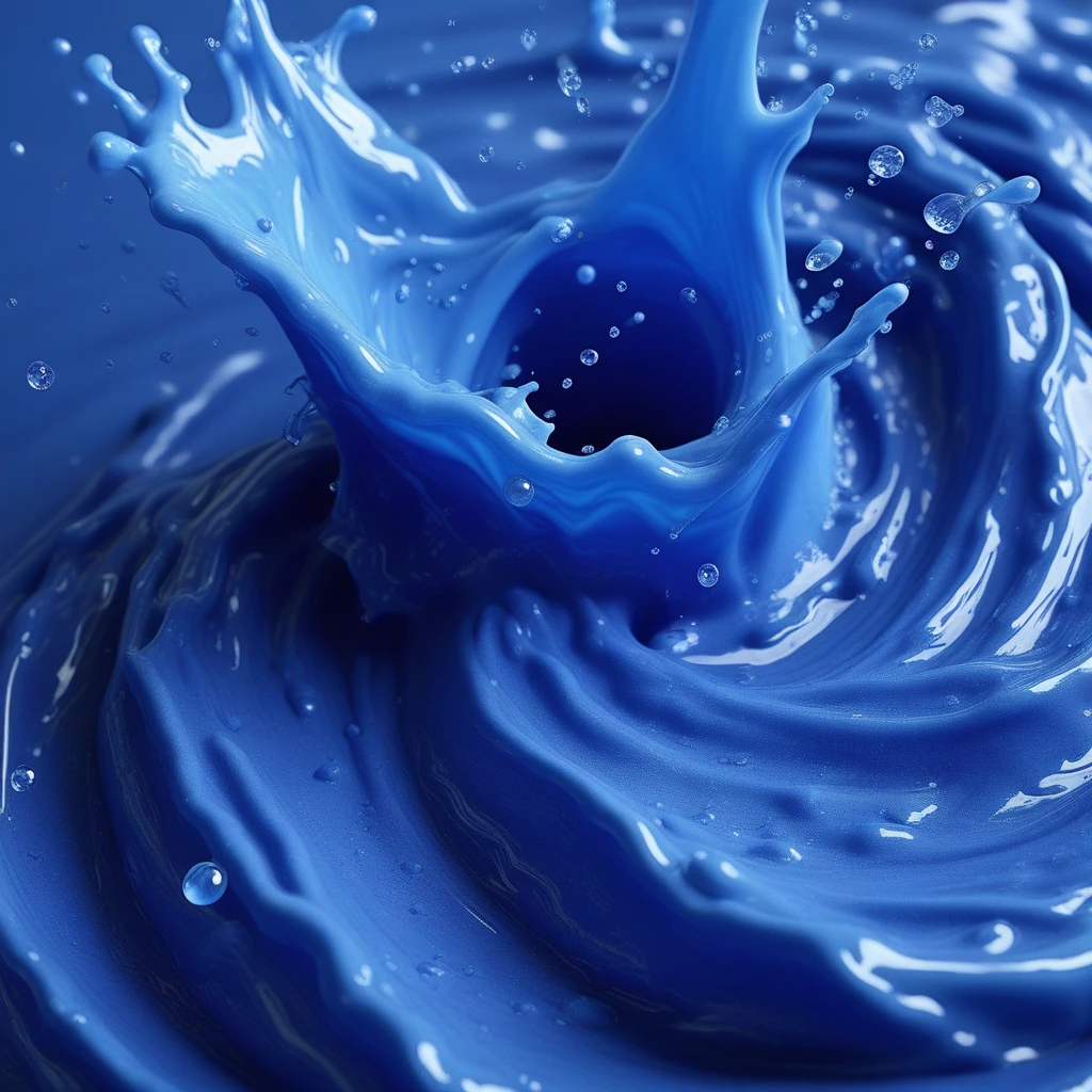 blueslimedx, Abstract digital art piece that appears to be made up of multiple layers of blue liquid. the liquid is flowing in different directions, creating a wave-like pattern. the background is a deep, royal blue color, and the liquid is a lighter shade of blue. in the center of the image, there is a large splash of water that is in the shape of a wave, with multiple droplets of water cascading down from the top. the droplets are of different sizes and shapes, and they are scattered randomly across the image. the overall effect is one of movement and energy, with the blue liquid creating a sense of depth and movement.