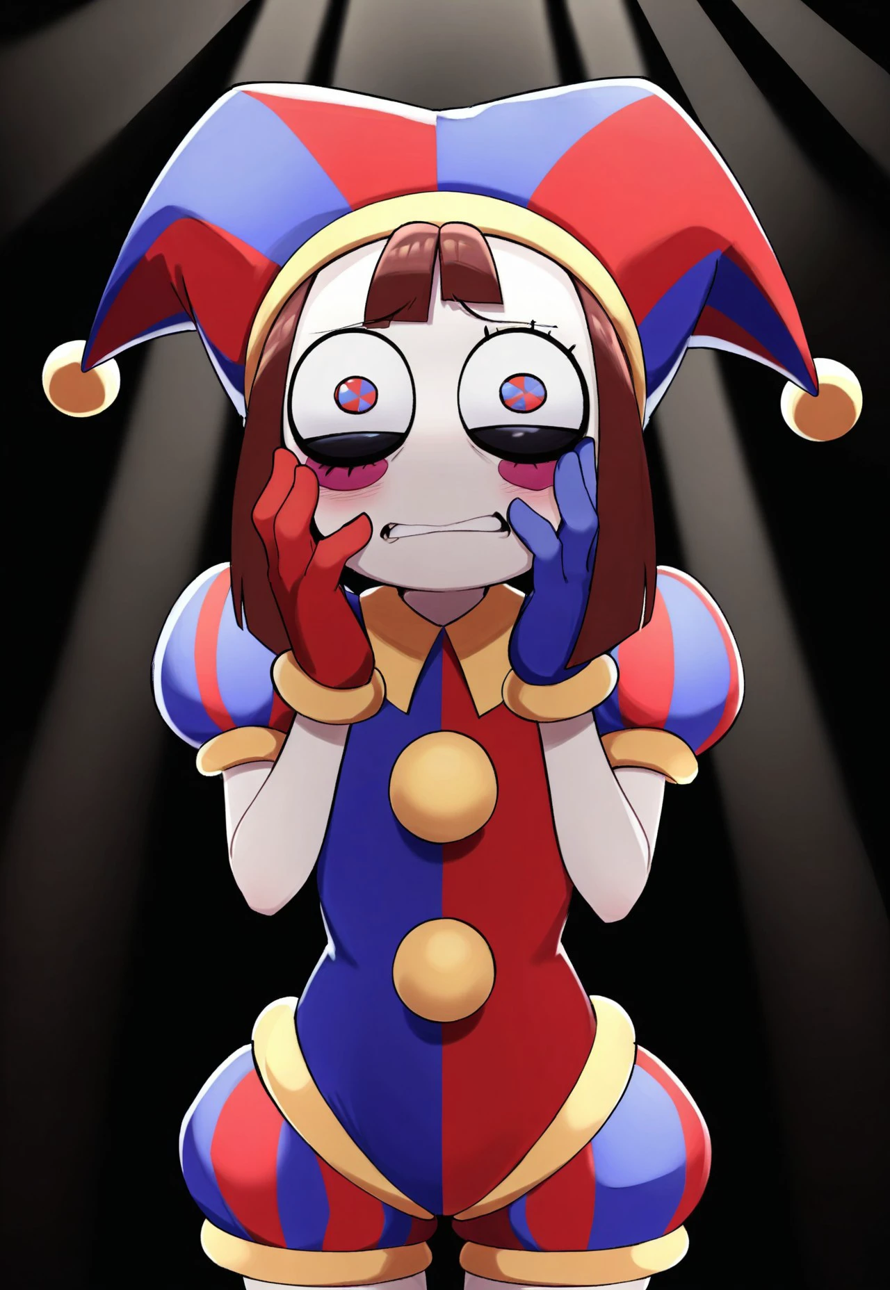 masterpiece, best quality, high resolution, absurdres, solo, 1girl, pomni_(the_amazing_digital_circus), two-tone_eyes, brown_hair, short_hair, white_skin, blush_sticker, jester, jester_cap, two-tone_bodysuit, multicolored_headwear, multicolored_clothes, asymmetrical_gloves, puffy_shorts, puffy_short_sleeves, colored_sclera, mismatched_pupils, constricted_pupils, black_sclera, hands_on_own_face, scared, black-background, ((light_rays)),