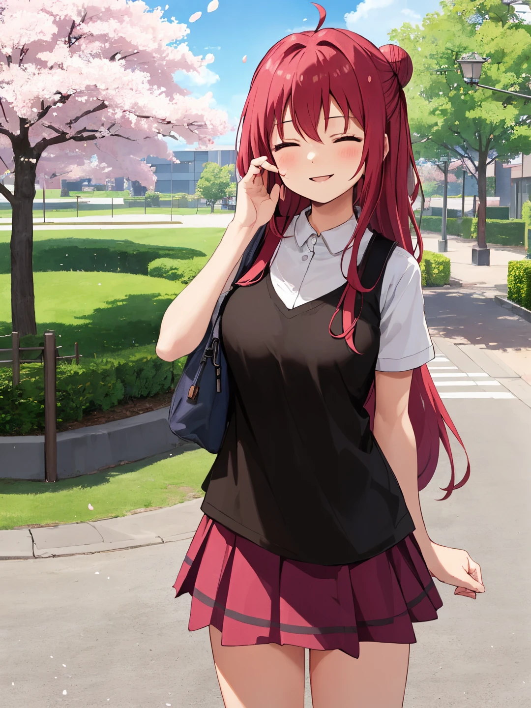 <lora:Akaza_Akane_0R:0.7>
akazaakane, closed eyes, pink hair, long hair, ahoge, hair between eyes, single hair bun
shirt, skirt
masterpiece, best quality, ultra-detailed, detailed, detailed skin, absurdres, 8k, digital art
1girl, solo, facing viewer, standing, looking at viewer, standing, cowboy shot, smile
(outdoors, park, cherry blossoms, tree, bush, flower bed, grass, road, street, asphalt, stone floor)