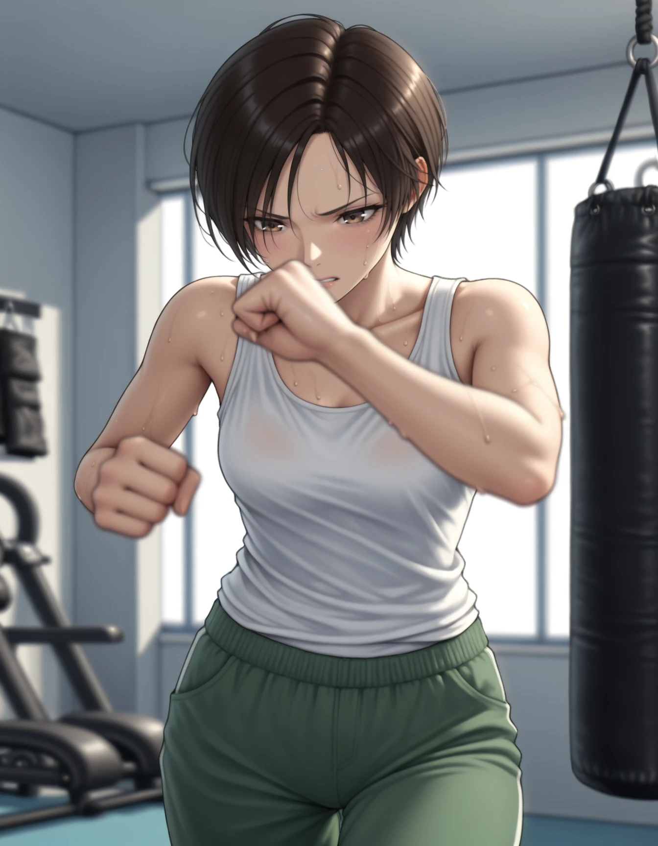 <lora:nagase-kei-ac5-v2-illustrious-000030:1> n4g4s3ke1, tank top, white tank top, green pants
1girl, solo, punching bag, sweat, punching, gym, depth of field,
masterpiece, best quality, masterpiece, best quality