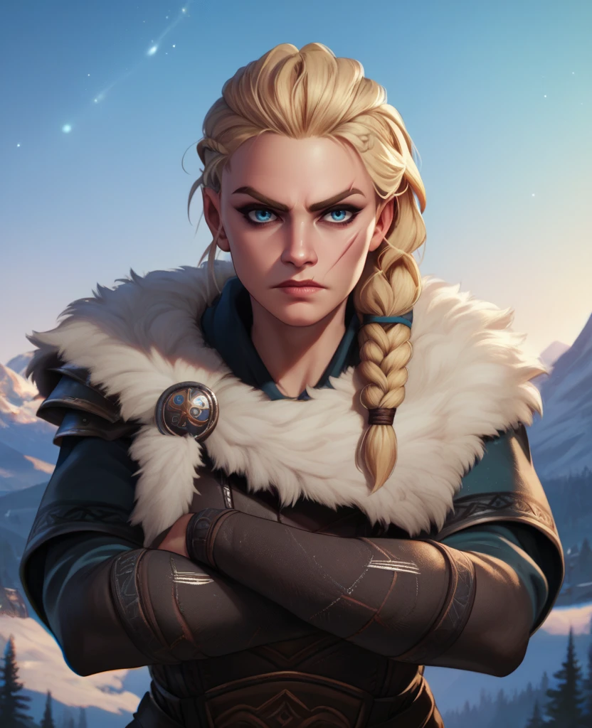 score_9,score_8_up,score_7_up,score_6_up,
eivorxl,scar on face,blonde hair,blue eyes,side braid,
leather armor,fur trim,crossed arms,
looking at viewer,
northern lights,mountains,<lora:Eivorxl:0.9>,