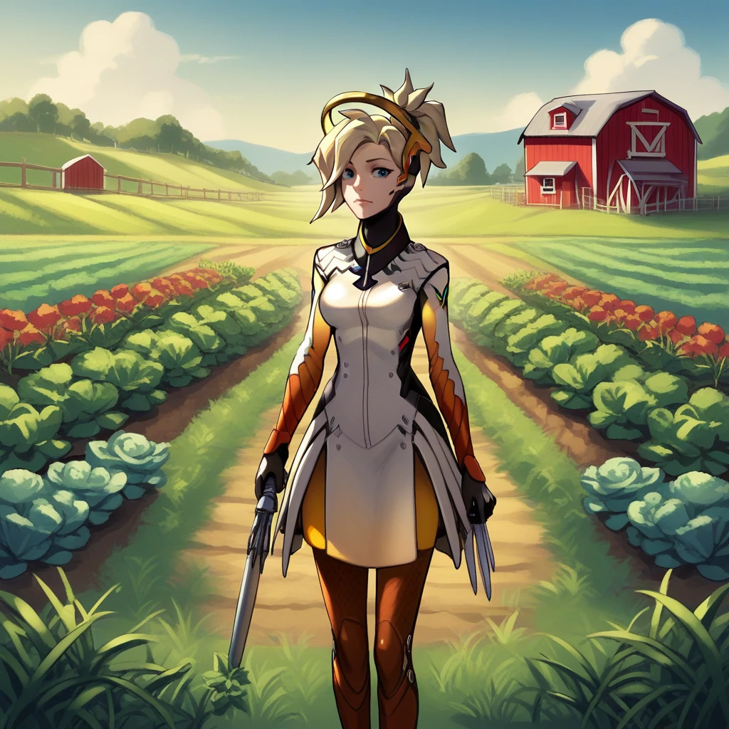 zPDXL2,score_9, score_8_up, score_7_up, score_6_up, score_5_up, score_4_up, source_anime, 1girl,Mercy \(Overwatch\)     cowboy shot, <lora:Farm_Crop_Field:0.7> f4rm, outdoors, farm field, grass, vegetable garden, flowers, trees