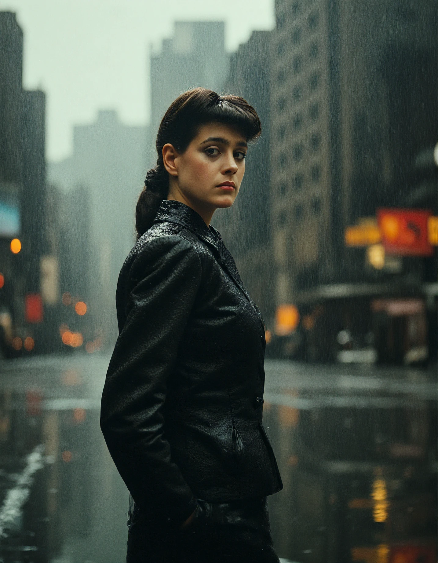 a cinematic still of rachael,she is wearing a black leather jacket and a skirt.She is standing in the middle of a street while it's raining.
The photo is enhanced by depth of field,volumetric lighting,film grain,volumetric fog.
The weather is gloomy and the colors are muted.
Her skin texture is extremely detailed and sharp,her pores are sharp and visible.