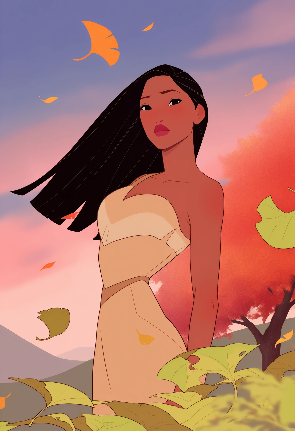 masterpiece, best quality, very aesthetic, absurdres,
1girl, pocahontas, dark skin, black hair, long hair, (floating hair:0.5), black eyes,
full body, wind color, leaf, fall, magical wind, solo, looking at viewer, autumn <lora:PocahontasNoobXL_byKonan:1>