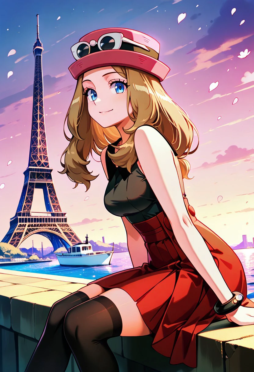 masterpiece, best quality, 32k, high resolution, absurdres, medium breasts, (curvy), cute, eyelashes, vivid colors, 
zzEiffelTower in background, zzSerena, solo, long hair, blue eyes, long hair, brown hair, hat, white eyewear on headwear, dress, bare shoulders, sitting, red dress, red headwear, watercraft, boat, sitting on wall, side view, looking at viewer, smile, 
blooming stars, luminescent petals, otherworldly fragrance blurry background, 
smile, looking at viewer, abstract background,   
leaning forward, 
zzSerena, solo, long hair, blue eyes, eyewear on headwear, pink headwear, eyelashes, sleeveless shirt, black shirt, bracelet, high-waist skirt, red skirt, black thighhighs,