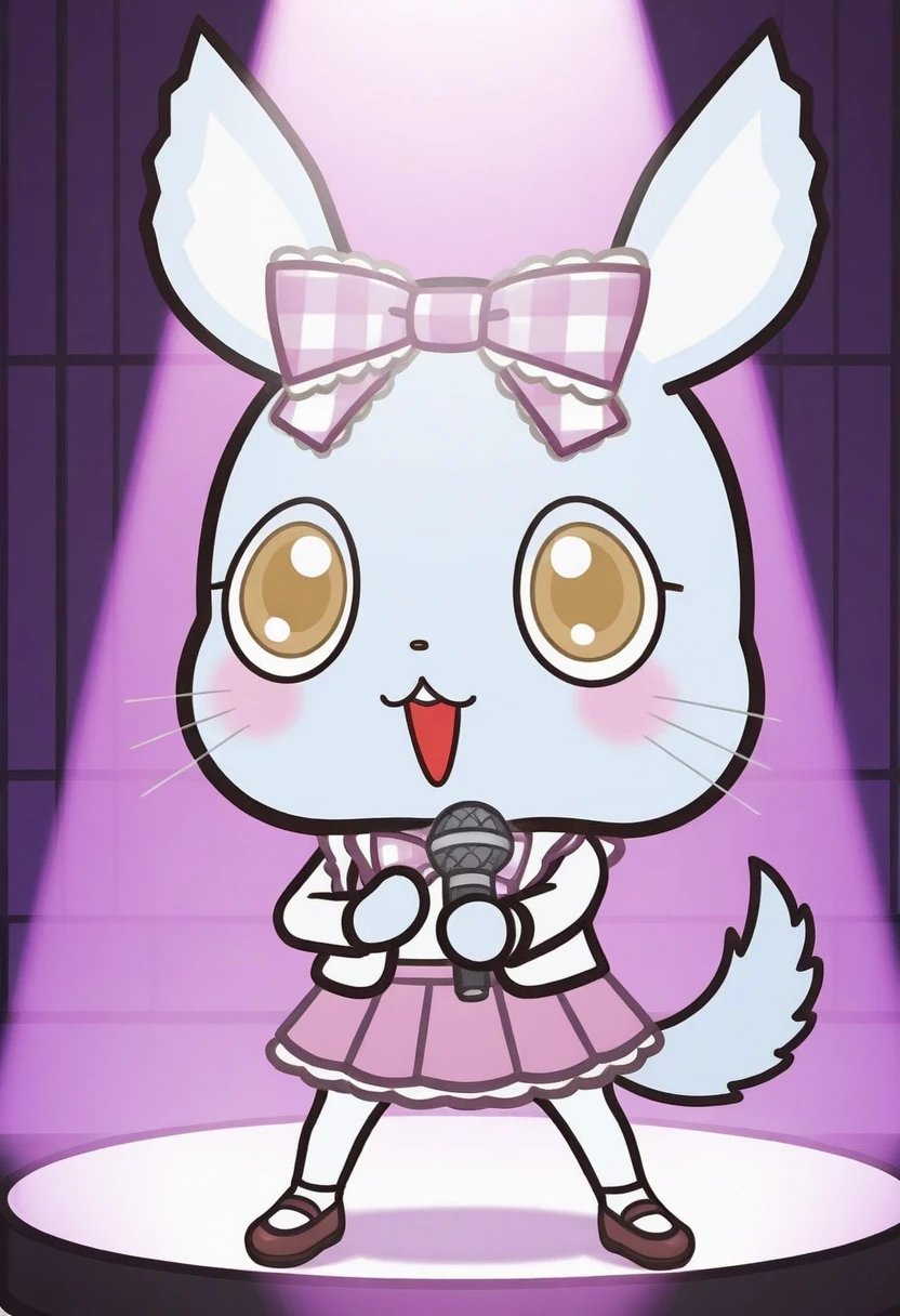 Man4ka, anthro, female, Aggretsuko, solo, blush, open mouth, skirt, bow, holding, no humans, :3, microphone, holding microphone, whiskers, stage, spotlight, stage lights