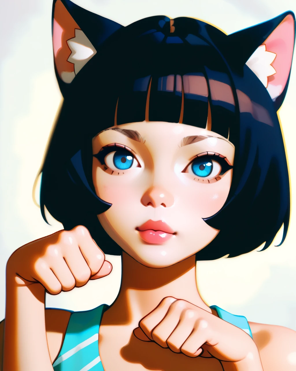 masterpiece, best quality, 1girl, solo, blue eyes, black hair, paw pose, animal ears, short hair, cat ears, lips, looking at viewer, bangs, blunt bangs, nose, bare shoulders, <lora:NeoNiILIK:0.7> NeoNiILIK, vibrant, glossy style, bold, vivid colors, soft shading and highlights, expressive eyes, ilya kuvshinovâs style, soft lighting, pastel tones, anime-inspired art style, smooth shading, vibrant highlights, painterly textures, subtle gradients, delicate details, cinematic bokeh, glowing ambiance, crisp edges, bright and airy atmosphere, stylized realism, expressive color palette, warm and inviting mood