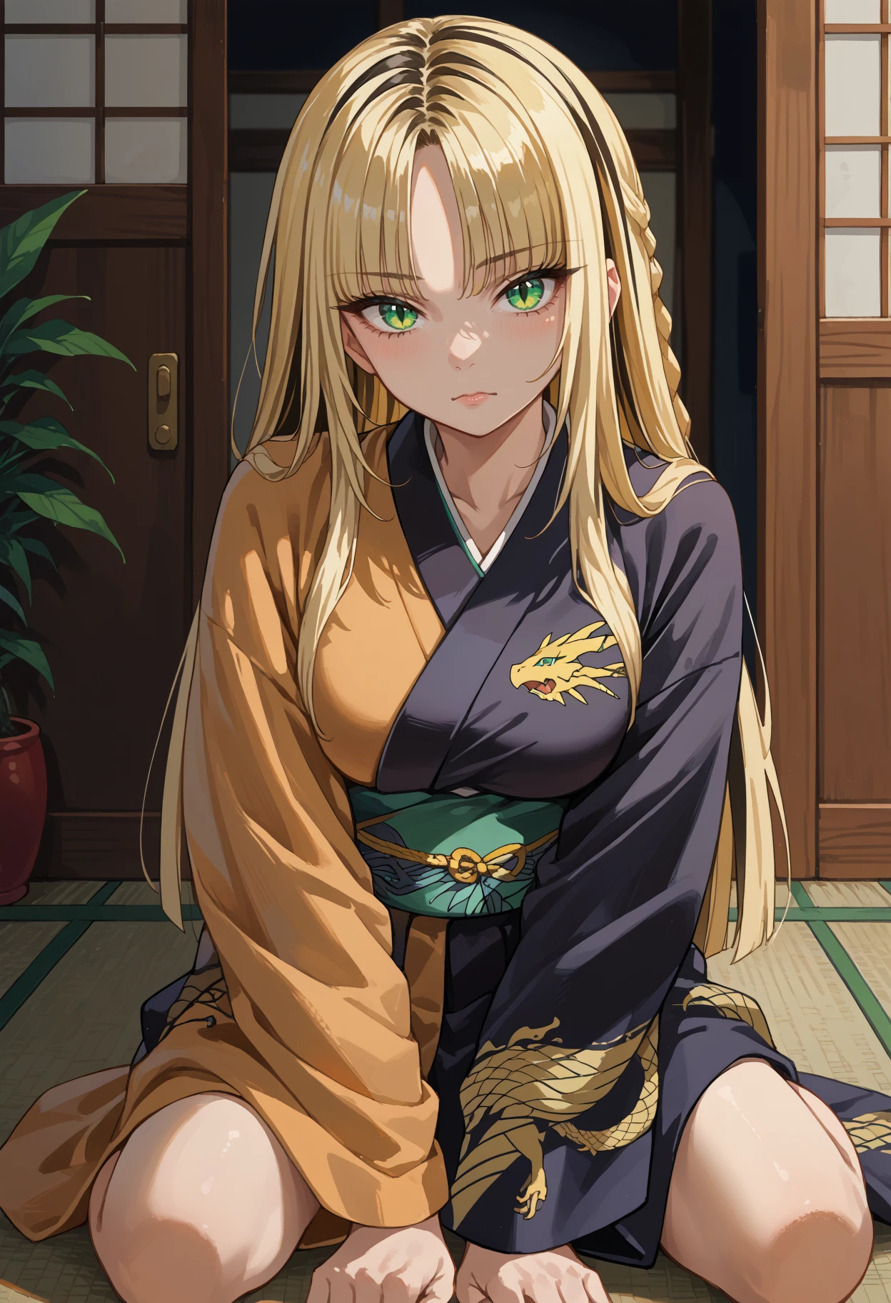 score_9, score_8_up, source_anime, 1girl, solo, KoganeiNiko, green eyes, slit pupils, multicolored hair, blonde hair, black hair, long hair, side braid, parted bangs, indoors, on floor, kneeling, kimono, dragon print, looking at viewer, <lora:ChamKoganeiNikoPonyXL:1>