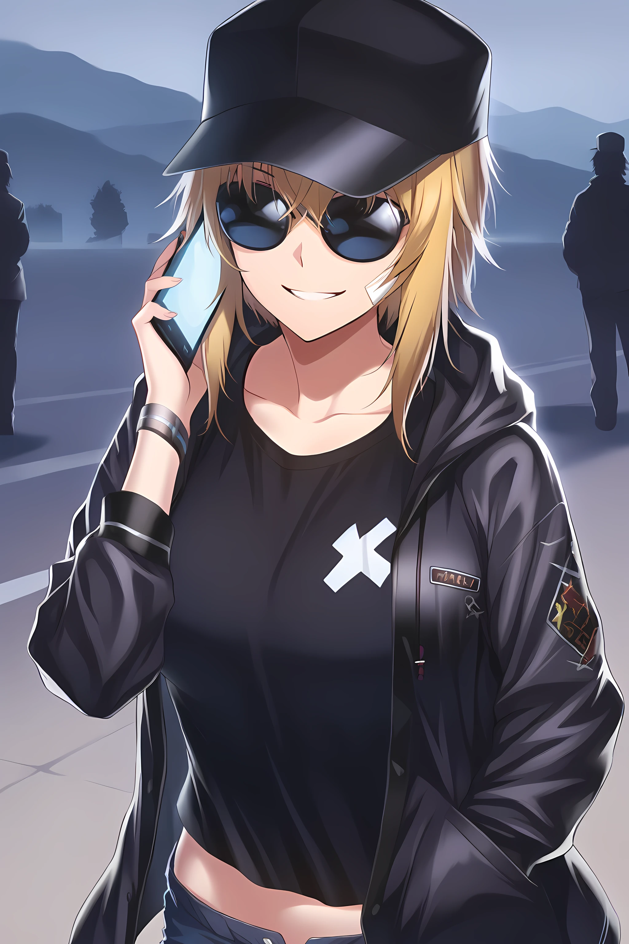 amy_firstwing, hat, phone, sunglasses, jacket, holding phone, 1girl, holding, black headwear, cellphone, shirt, black shirt, blonde hair, baseball cap, smile, talking on phone, open clothes, hood, black jacket, open jacket, collarbone, long sleeves, outdoors, solo focus<lora:amy-counterside:1>, (masterpiece),(best quality),(ultra-detailed),(best illustration),(best shadow),(absurdres),(detailed background),(very aesthetic),