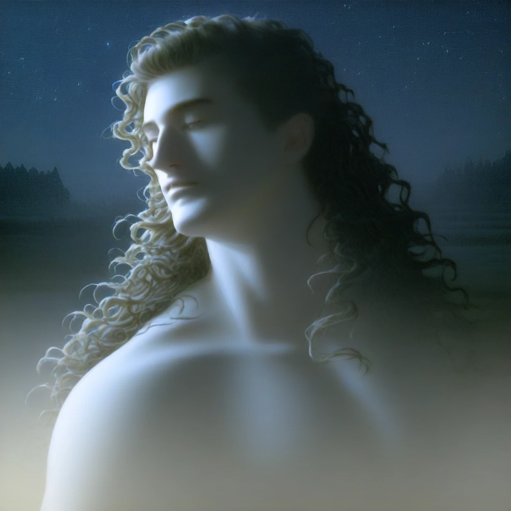 1man (((Dark, expressive, gothic fantasy, vivid textures, dynamic composition))) man, long wavy blond hair, dramatic complementary lighting, cinematic framing, dark fantasy, dark romance, night, dark ambient, romantic, sexy, erotic, fog,, from top, detailed background, gwent style, savage, by night. naked