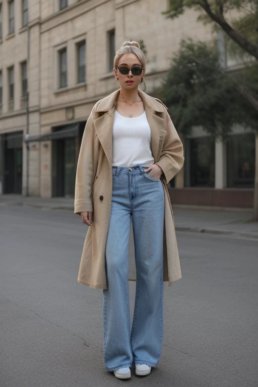 woman, dsbggy, baggy jeans, light wash jeans, tank top, sunglasses, outside, coat, blonde hair, bun
