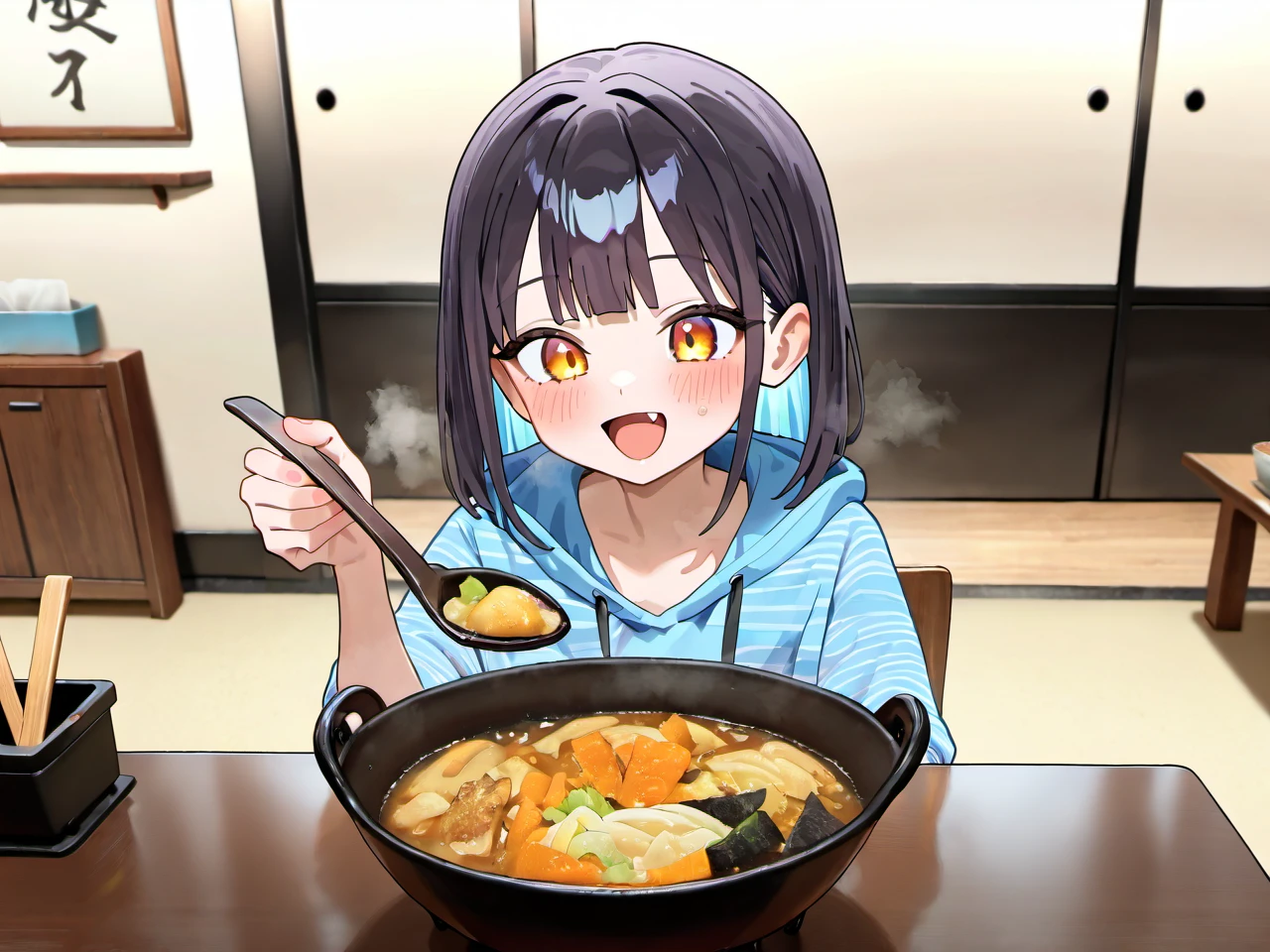 1girl, young girl, fsw, happy, 
indoors, dining room, table, houtou, holding spoon and chopsticks, 
latest, masterpiece, best quality, very aesthetic, absurdres, (high resolution:1.1), detail, (best quality:1.1),
(ultra detailed:1.1), (beautiful illustration:1.1),
 <lora:Houtou_Illustrious:1>,