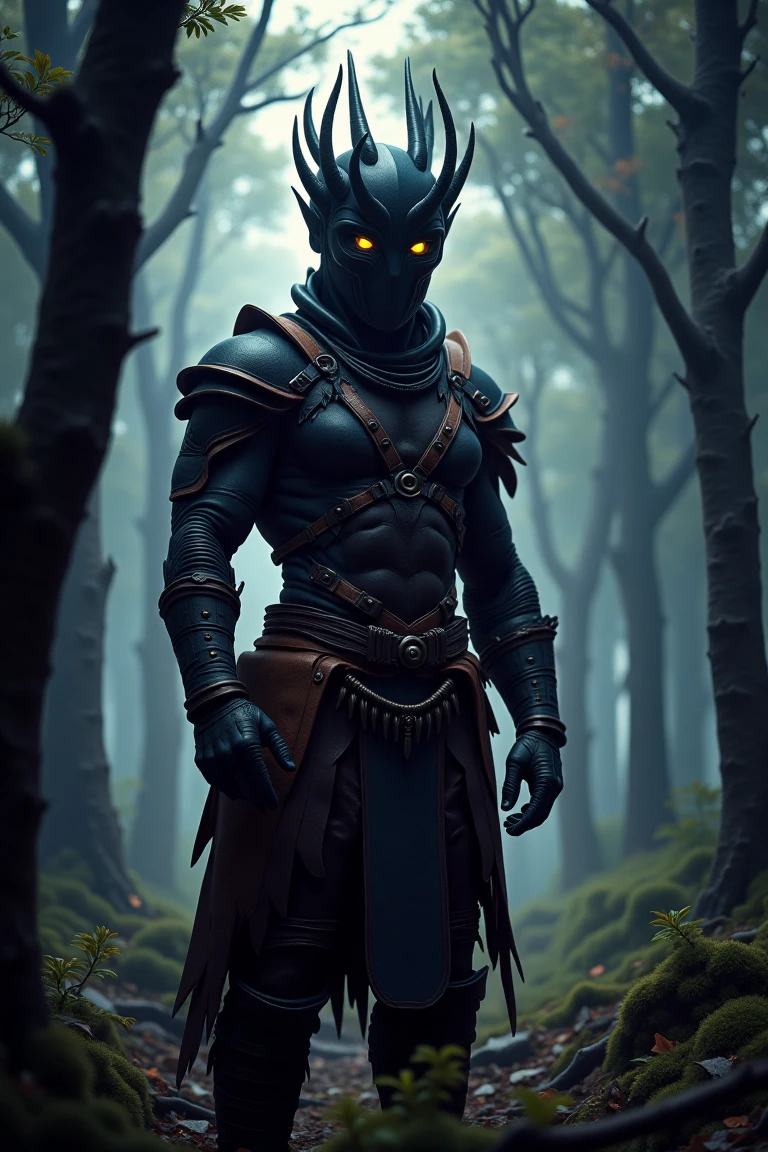 A Voxav clan member stands tall in a mystical forest glade, lit by soft, eerie illumination that accentuates the worn leather armor's rugged texture. The camera frames their unyielding gaze and powerful physique, emphasizing their strength and readiness to defend their kin at a moment's notice. The surrounding mist-shrouded trees create an atmosphere of unity and determination, as if they are one with the land and their tribe.,voxav clan