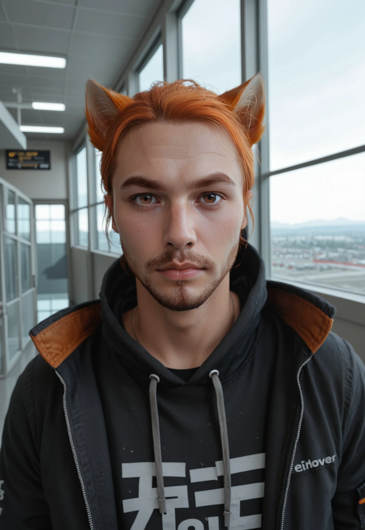 Score_PnyReal  BREAK Roiadan Vanzey, solo, looking at viewer, 1boy, animal ears, brown eyes, upper body, male focus, indoors, cat ears, hood, orange hair, facial hair, beard, airport scene, windows, cinematic angle, cinematic lighting 