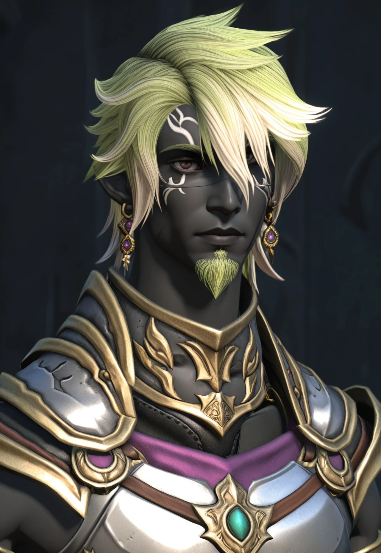 KRH1ST1A, elvaan, 1boy, male focus, solo, armor, dark-skinned male, facial hair, dark skin, jewelry, earrings, pointy ears, multicolored hair, colored skin, breastplate, upper body, green hair, blonde hair, two-tone hair, beard, hair over one eye, goatee, shoulder armor, elezen, vibrant color, cinematic lighting, cinematic angle, masterpiece, best quality