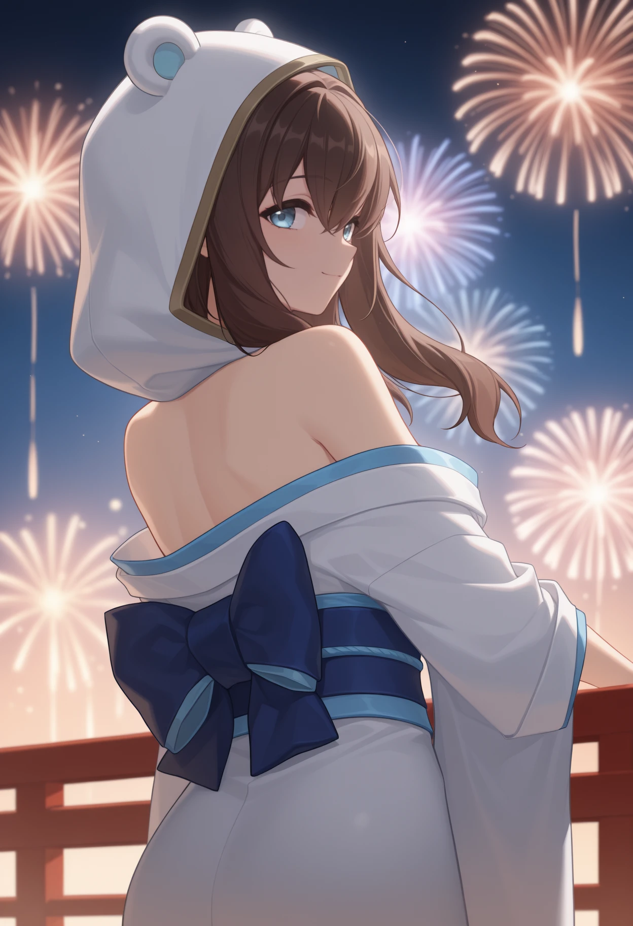 masterpiece, best quality, <break> solo, 1girl, yv3tte, slight smile, looking back, long hair, brown hair, hair between eyes, bear hood, hood up, blue eyes, japanese clothes, white kimono, off shoulder, blue sash, bare shoulders, outdoors, night, fireworks
<segment:yolo-Anzhc Face seg 640 v2 y8n.pt,0.4,0.5//cid=1>