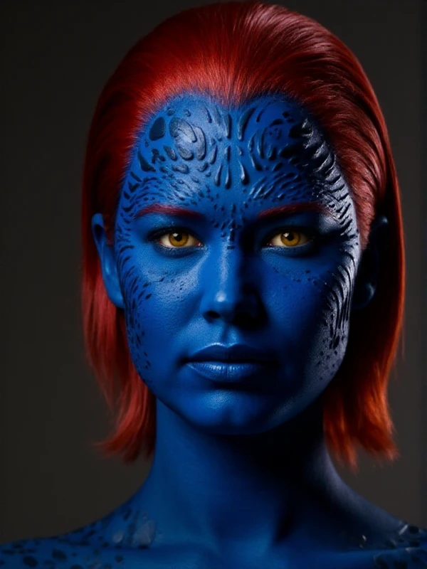 <lora:Mystique_r1:0.9> mystique, blue skin, yellow eyes, red hair. full body. closeup face portrait