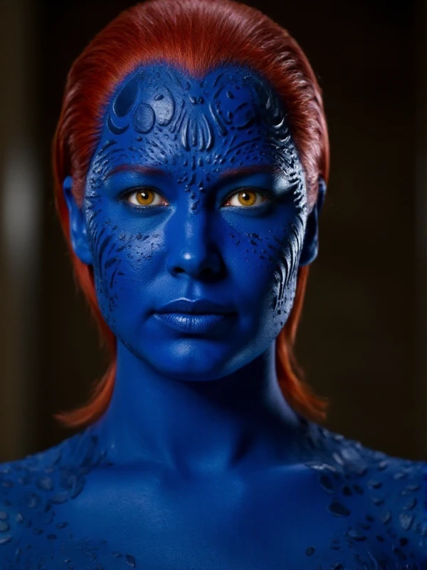 <lora:Mystique_r1:0.9> mystique, blue skin, yellow eyes, red hair. full body. closeup face portrait