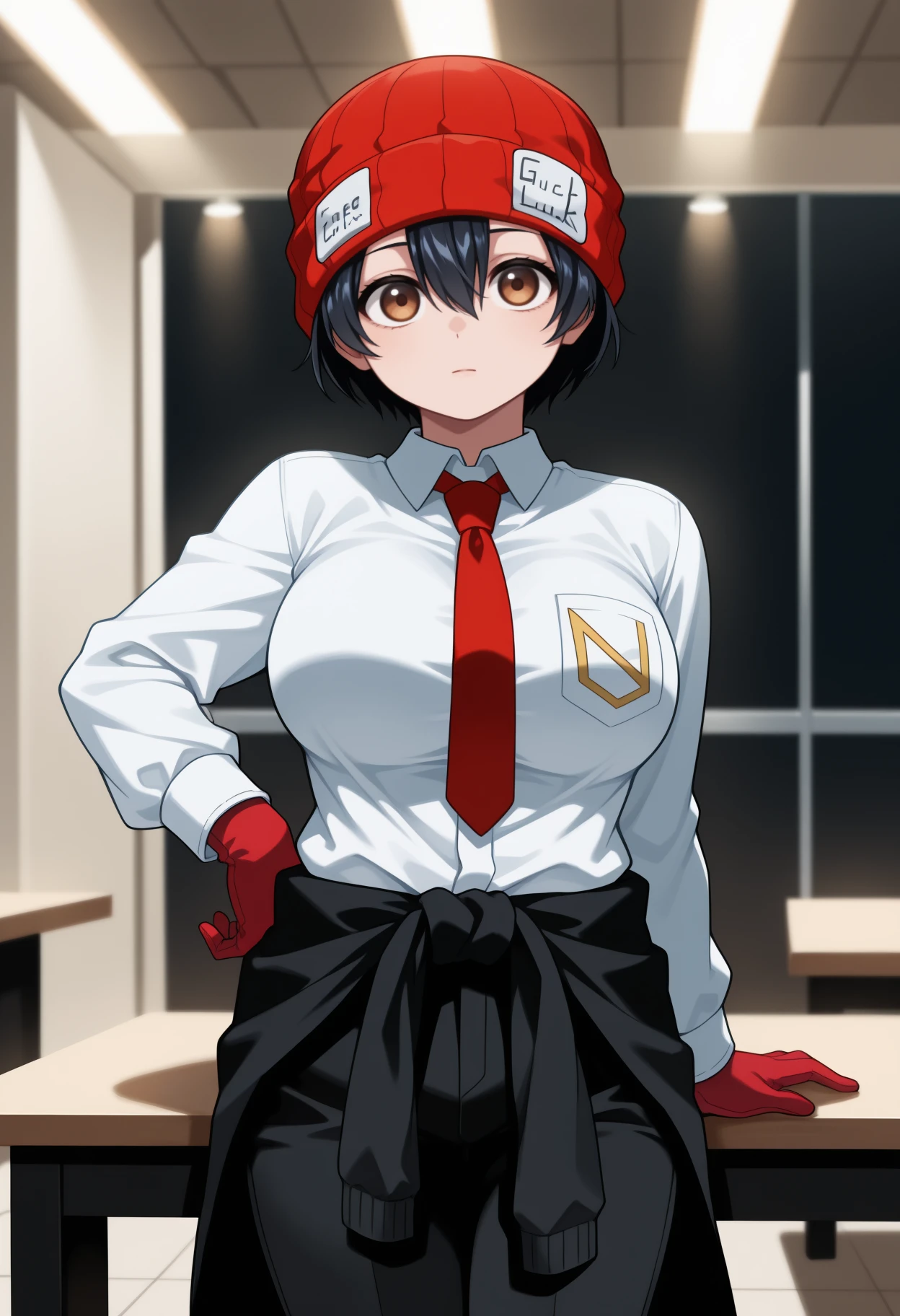 masterpiece, best quality, <break> cowboy shot, solo, 1girl, izumo fuuko, expressionless, looking at viewer, standing, hand on own hip, arm at side, short hair, black hair, hair between eyes, red headwear, beanie, brown eyes, white shirt, collared shirt, red necktie, long sleeves, red gloves, clothes around waist, jacket around waist, black pants, large breasts, indoors, table, ceiling light
<segment:yolo-Anzhc Face seg 640 v2 y8n.pt,0.4,0.5//cid=1>