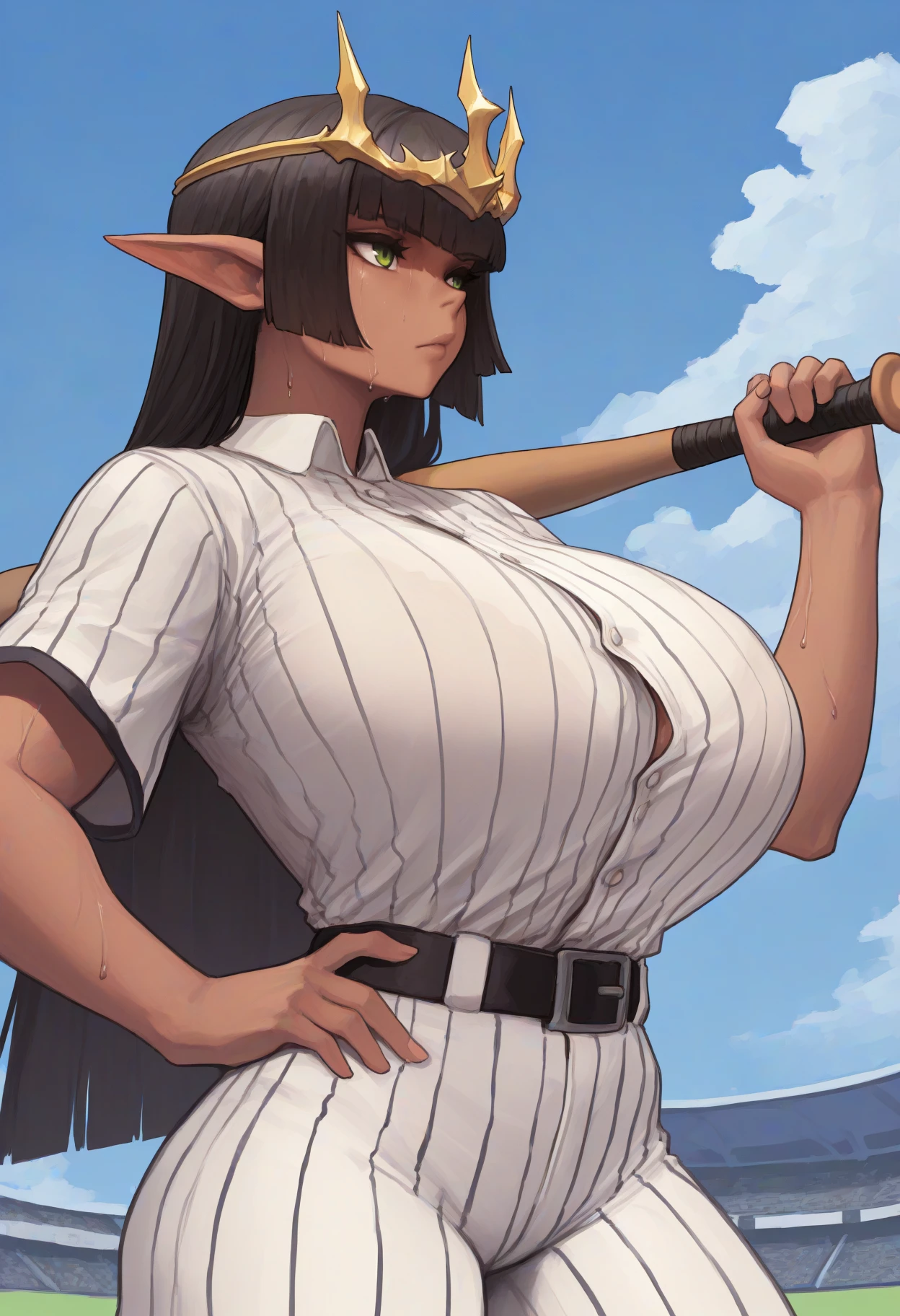 masterpiece, best quality, <break> solo, 1girl, skmtdth, dark-skinned female, sweat, expressionless, looking away, standing, hand on own hip, holding baseball bat, weapon over shoulder, black hair, blunt bangs, hime cut, circlet, long pointy ears, green eyes, baseball uniform, white shirt, collared shirt, striped shirt, button gap, short sleeves, white pants, striped pants, black belt, huge breasts, outdoors, blue sky, cloud, baseball stadium
<segment:yolo-Anzhc Face seg 640 v2 y8n.pt,0.4,0.5//cid=1>