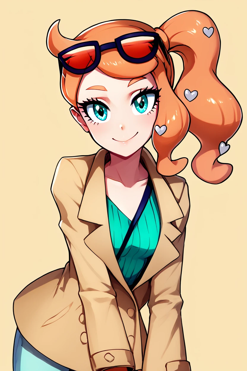 score_9, score_8_up, score_8, medium breasts, (curvy), cute, eyelashes,       ,,, , ,,, zzSonia, aqua eyes, long hair, orange hair, long hair, side ponytail, coat, hair ornament, heart, heart hair ornament, brown coat, ribbed shirt, shirt, sunglasses, eyewear on head,  <lora:Sonia_Pokemon_PDXL:1.0>,    ,,,, BREAK, looking at viewer, ,,, smile, upper body, leaning forward, head tilt, ,,, embedding:zPDXL, Expressiveh, ,,, <lora:theButcherXPDXL:0.8>, <lora:CatalystStylePDXL:0.6>, <lora:SDXLFaeTastic2400:0.5>, <lora:Expressive_H-000001:0.4>,