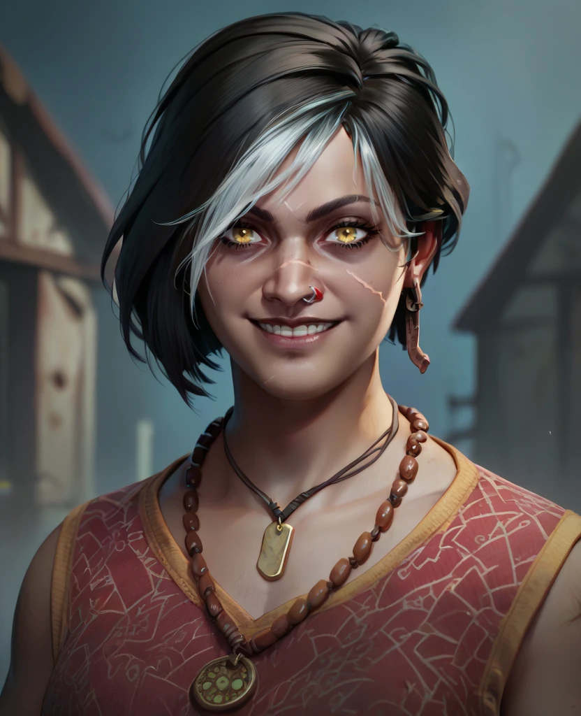 score_9,score_8_up,score_7_up,score_6_up,
haddiekaurxl,two-tone hair,black hair,scar,yellow eyes,looking at viewer,
multicolored shirt,necklace,earring, piercing,
looking at viewer,
standing,upper body,grin,
abandoned houses,night,<lora:haddiekaurxl:0.9>,