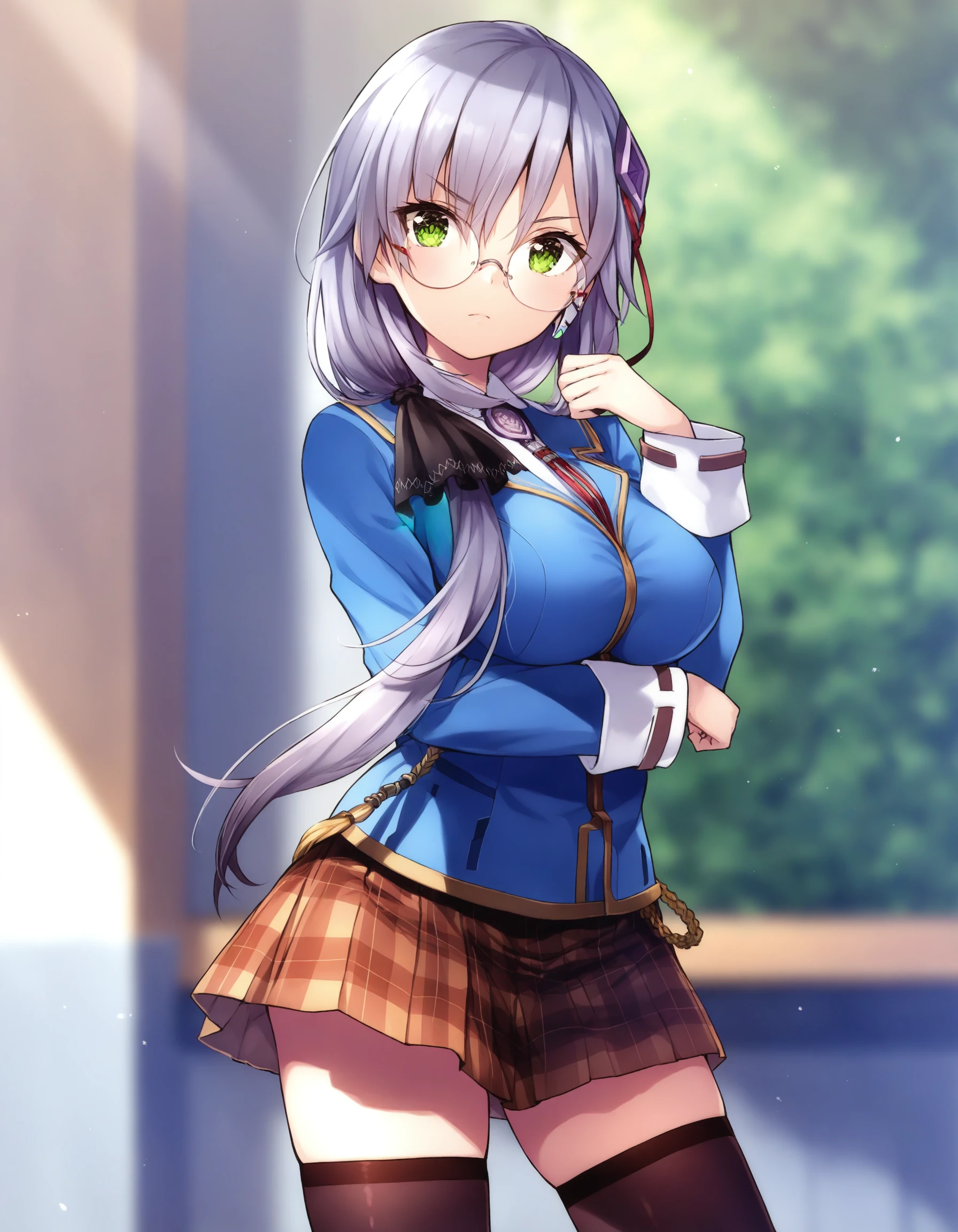 <lora:IzumiYuki_illustrious_V1:0.8>iyuki, izumi yuki \(heaven burns red\), heaven burns red, yuugen,
1girl, solo, pose, looking at viewer, 
long hair, grey hair, hair over shoulder,  bangs, hair between eyes,  hair ornament, earphones, hair ribbon, green eyes, round eyewear, large breasts,
school uniform, blazer, blue jacket,  white shirt, necktie, brown miniskirt, pleated skirt, plaid skirt, black thighhighs, zettai ryouiki, 
,
masterpiece, best quality, very aesthetic, absurdres, newest, recent, modern,