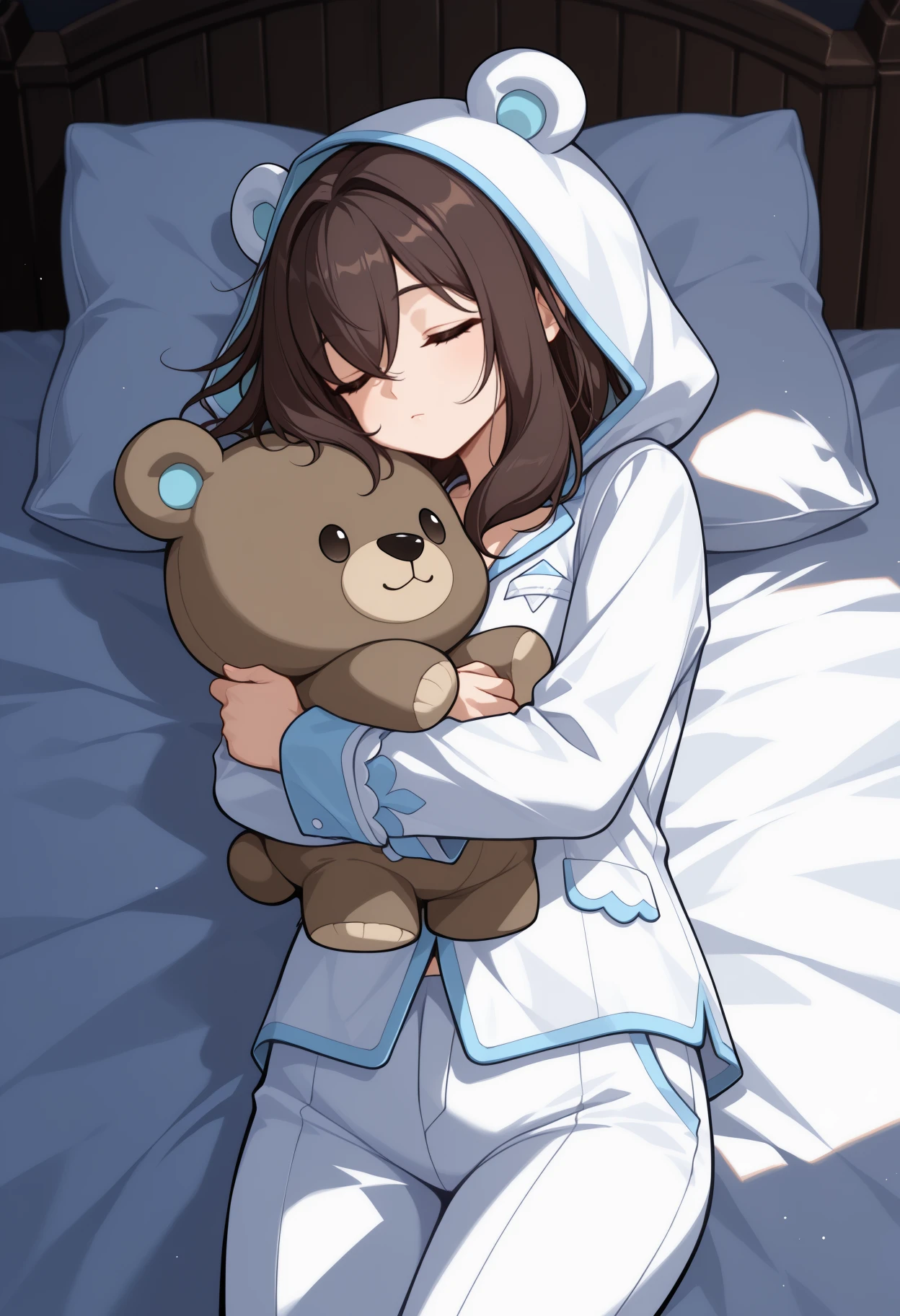 masterpiece, best quality, <break> solo, 1girl, yv3tte, closed mouth, sleeping, lying, on bed, on back, hugging object, holding stuffed toy, stuffed animal, long hair, brown hair, hair between eyes, bear hood, hood up, closed eyes, pajamas, white shirt, long sleeves, white pants, indoors, bedroom, pillow, moonlight
<segment:yolo-Anzhc Face seg 640 v2 y8n.pt,0.4,0.5//cid=1>