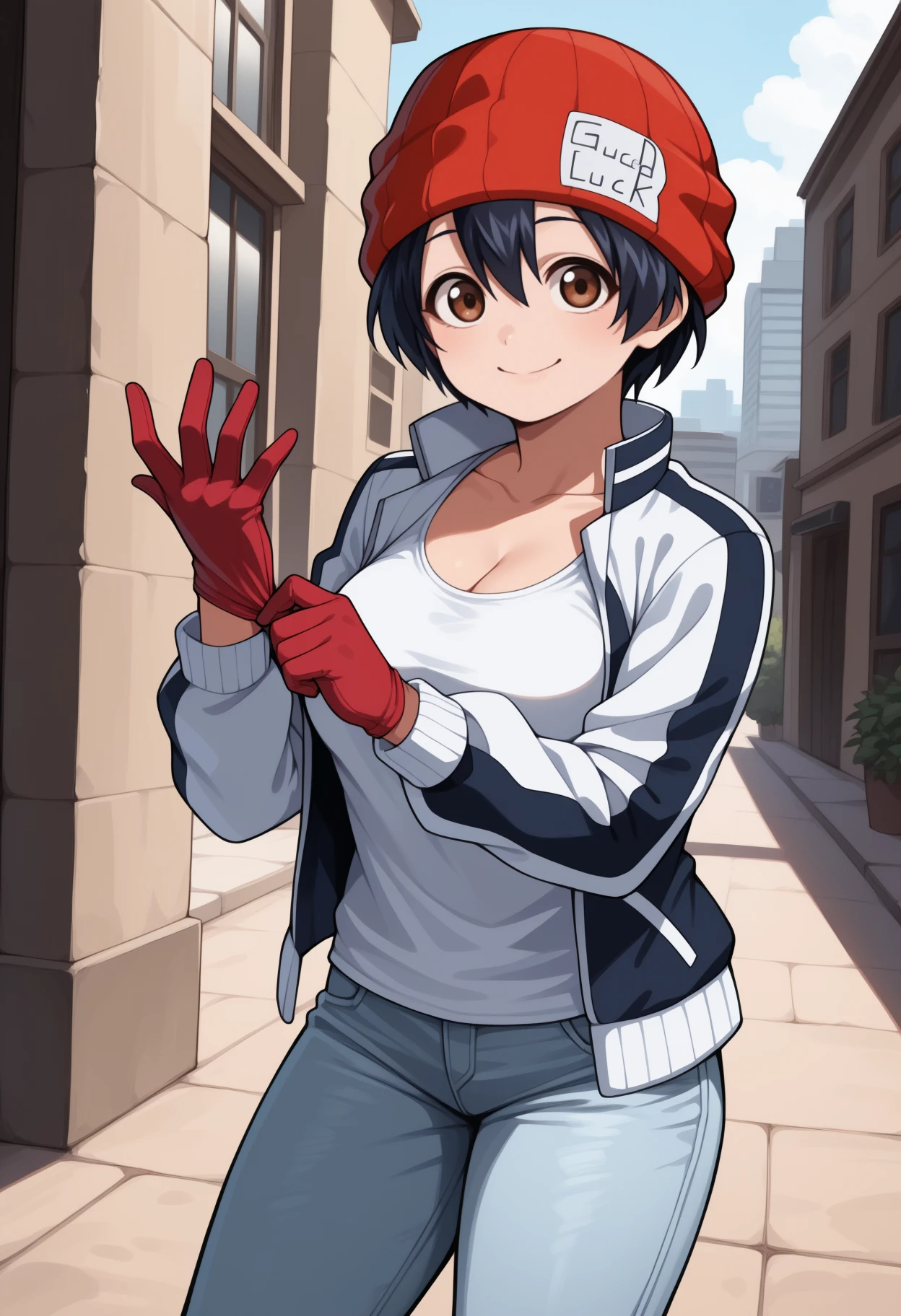 masterpiece, best quality, <break> cowboy shot, solo, 1girl, izumo fuuko, smile, looking at viewer, adjusting gloves, short hair, black hair, hair between eyes, red headwear, beanie, brown eyes, two-tone jacket, white jacket, open jacket, long sleeves, white shirt, red gloves, jeans, collarbone, cleavage, outdoors, city
<segment:yolo-Anzhc Face seg 640 v2 y8n.pt,0.4,0.5//cid=1>