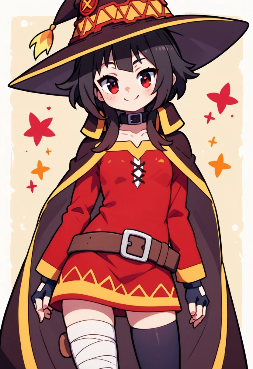 score_9, score_8_up, score_8, medium breasts, (curvy), cute, eyelashes,       BREAK, , 
megumin, short hair, black hair, red eyes, short hair with long locks, thighhighs, gloves, hat, dress, black gloves, belt, black thighhighs, fingerless gloves, cape, collar, witch hat, bandages, red dress, single thighhigh, asymmetrical legwear, bandaged leg,, socks, big shoes,  
BREAK,  
smile, looking at viewer, cowboy shot, 
zPDXL, Expressiveh,