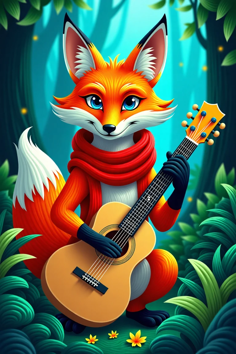 In a mystical, nule style forest setting, where emerald hues and misty veil envelop the landscape, an orange fox poses with regal presence. Framed by lush foliage, the cunning creature gazes piercingly through bright blue eyes, its right hand cradling a light brown guitar. The fiery red scarf wraps elegantly around the neck, complementing darker orange paws and the white feathered tail tip. Amidst the dense forest, the warm-toned fox stands out against the deep blue backdrop, highlighting striking features amidst the mystique of the misty forest.