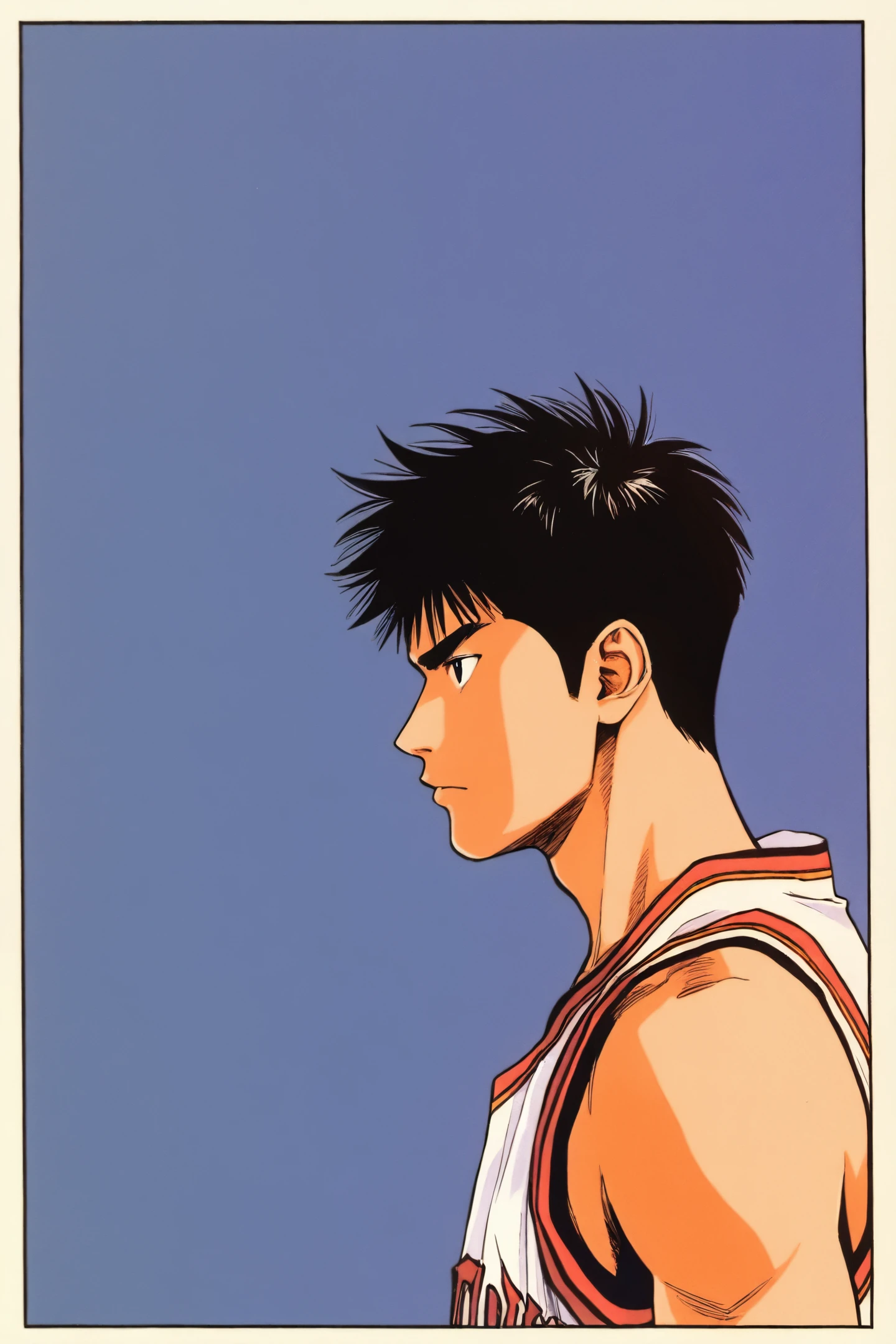 1boy,solo,male focus,black hair,profile,blue background,from side,black eyes,closed mouth,white basketball uniform,border,
<lora:Inoue Takehiko_illustriousXL:0.8>,