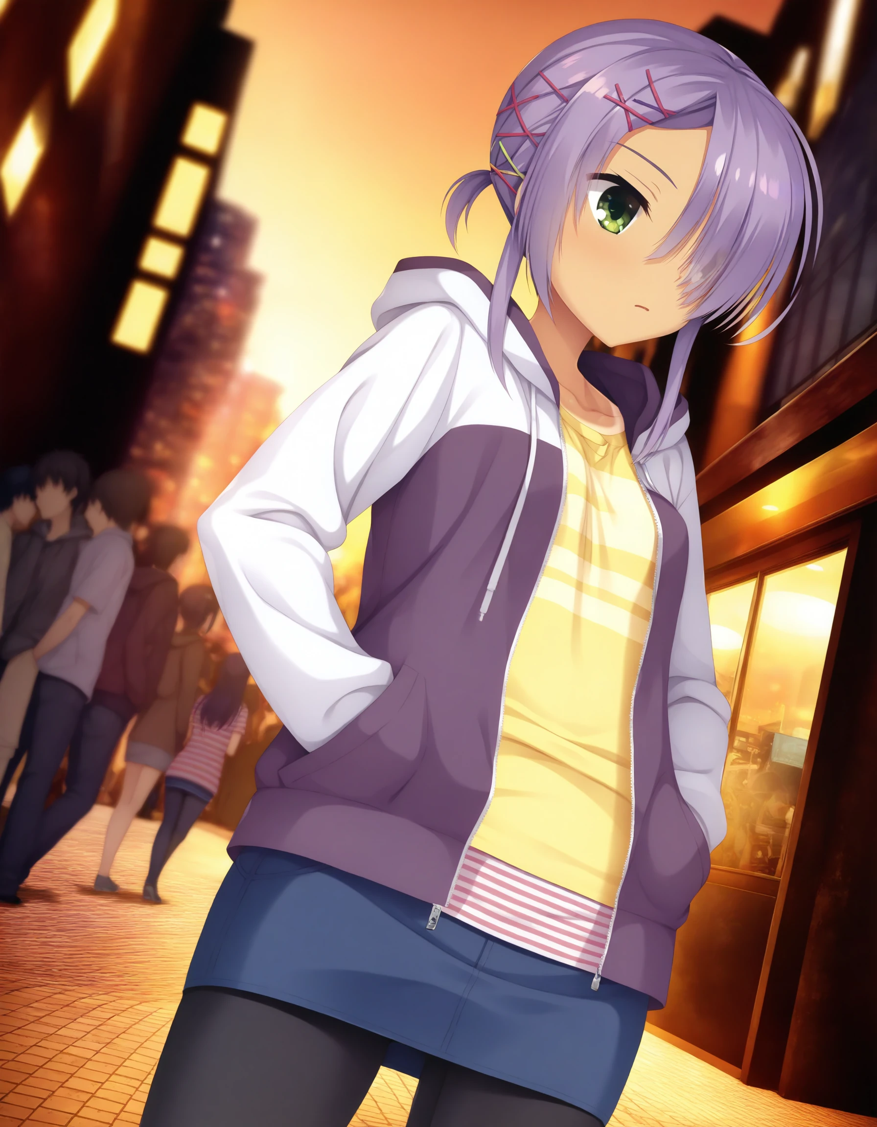 <lora:HiuchidaniMei_illustrious_V1:0.8>hiuchidani mei, cafe stella to shinigami no chou, kobuichi,
1girl, solo,  standing, waiting, hands in pockets, looking away, from below,
blurry background, photo background,  vanishing point,  outdoors, evening, modern city, street, shop window,  pavement, crowd, faceless people,
short hair, short ponytail, low ponytail,  sidelocks,  purple hair,  hair over one eye,  x hair ornament,  green eyes, hairclip, one-piece tan,small breasts, 
casual, purple hoodie, hooded jacket, drawstring, open jacket, yellow shirt, striped shirt, miniskirt, pencil skirt, denim skirt, leggings, 
,
masterpiece, best quality, very aesthetic, absurdres, newest, recent, modern,