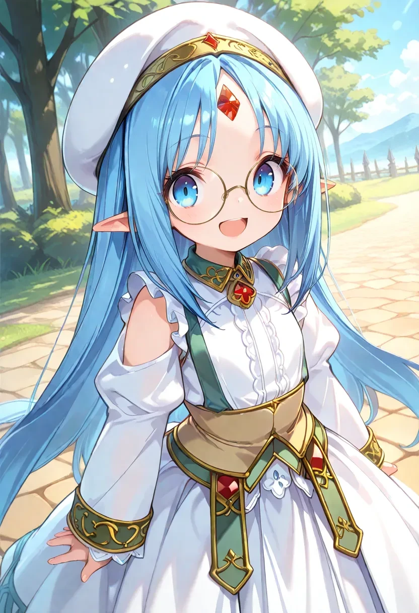 masterpiece, best quality,newest,1girl,reset_kalar_IL ,pointy ears,blue hair,long hair,sleeveless,frilled shirt,suspender skirt,beret,red gem forehead,looking at viewer.smile,open mouth,cute girl, outdoors,intown,<lora:Reset kaler_ilxl_v1:0.7>,round eyewea...