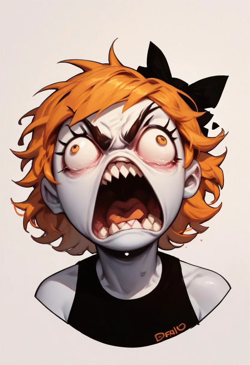 score_9, score_8_up, score_7_up, score_6_up, score_5_up, simple,  rage, open_mouth, shouting, derpina, 1girl, short hair, hair bow, medium hair, orange hair, black dress,, white skin,,