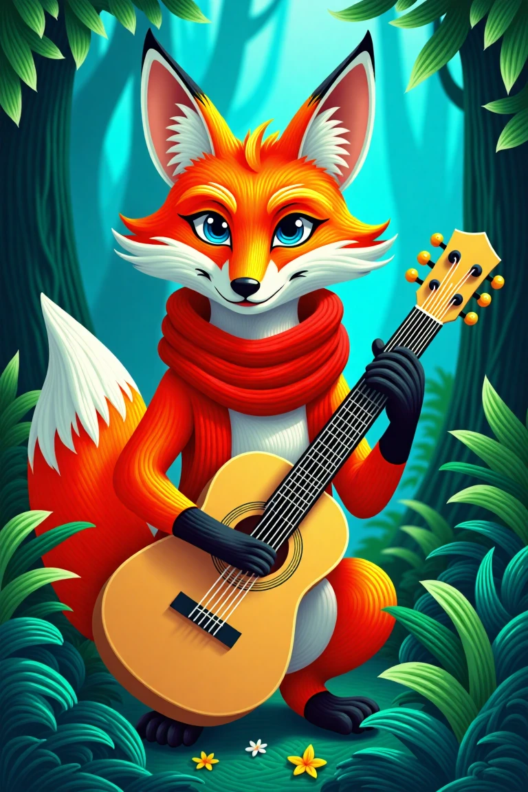 In a mystical, nule style forest setting, where emerald hues and misty veil envelop the landscape, an orange fox poses with regal presence. Framed by lush foliage, the cunning creature gazes piercingly through bright blue eyes, its right hand cradling a light brown guitar. The fiery red scarf wraps elegantly around the neck, complementing darker orange paws and the white feathered tail tip. Amidst the dense forest, the warm-toned fox stands out against the deep blue backdrop, highlighting striking features amidst the mystique of the misty forest.