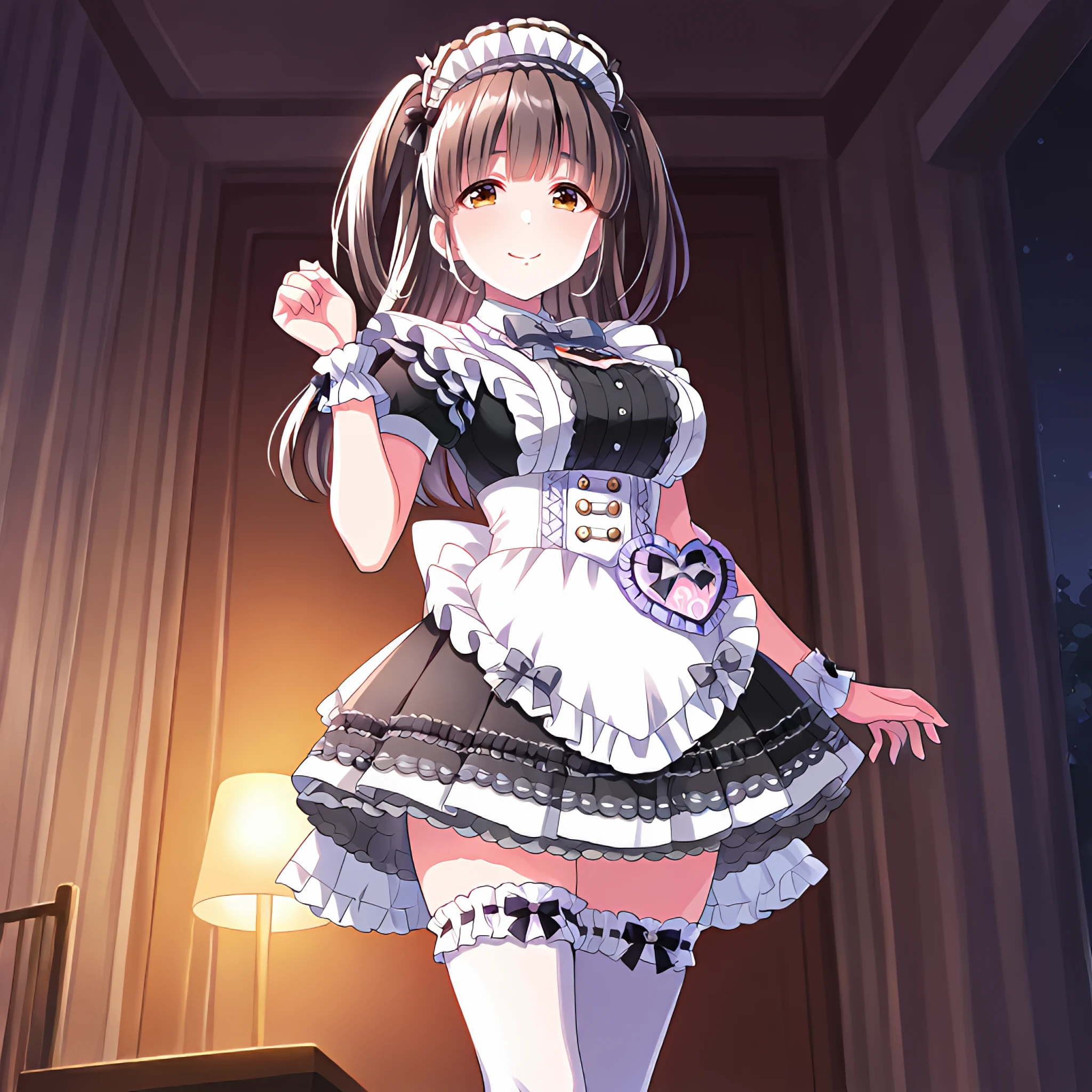 1girl, suzumurayu2, suz2 maid dress, suz2 maid headdress, yucasual hair ornament, solo, suz2 maid apron, ankle strap, suz2 wrist cuffs, clenched hand, hand up, suz2 high heels, suzmaid2 thighhighs, smile, two side up, standing, looking at viewer, 

indoors,cinematic lighting,night,

masterpiece, best quality, newest, absurdres, highres, 