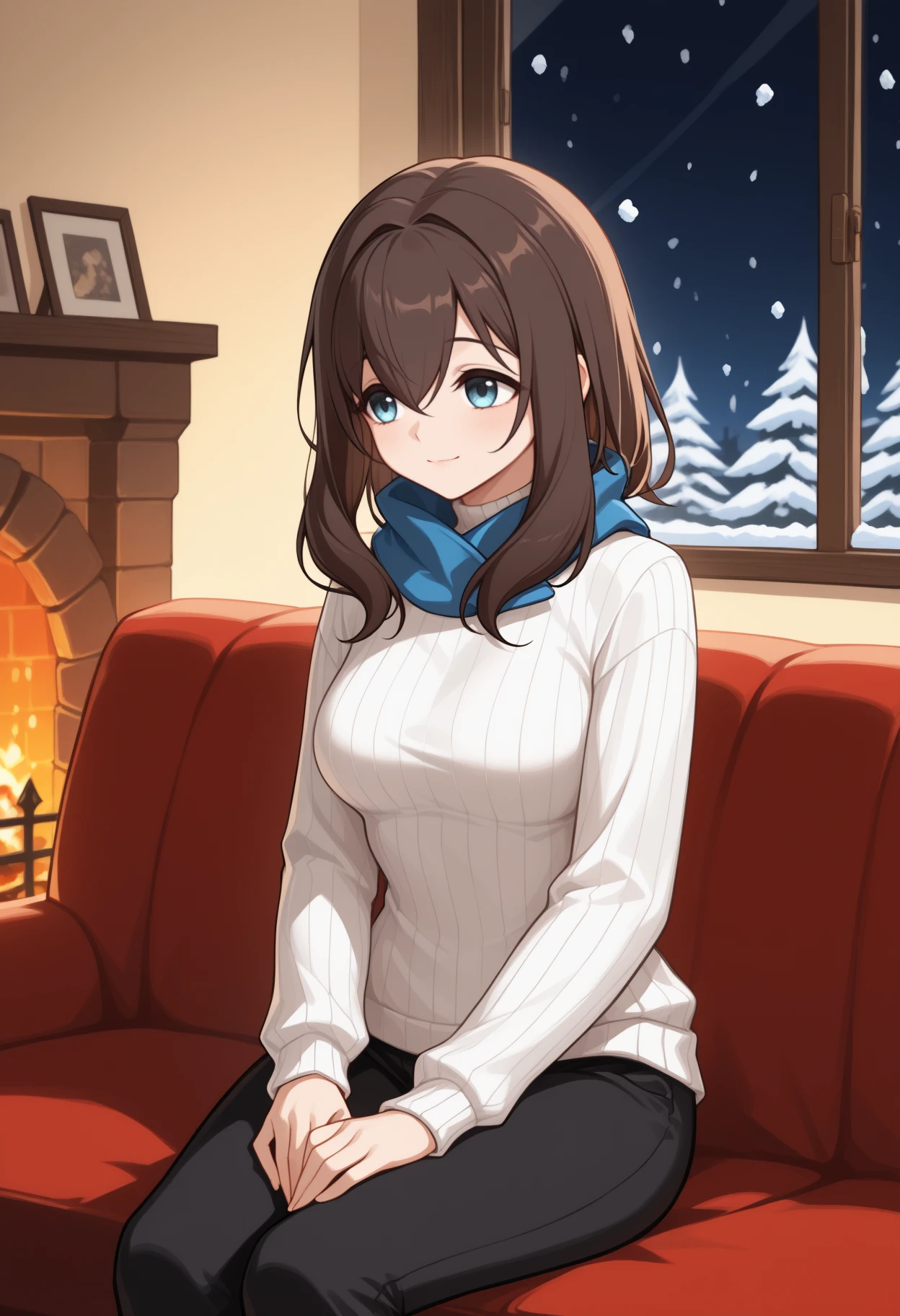 masterpiece, best quality, <break> solo, 1girl, yv3tte, slight smile, closed mouth, looking away, sitting, couch, hands on lap, long hair, brown hair, hair between eyes, blue eyes, white sweater, ribbed sweater, turtleneck, long sleeves, black pants, scarf, indoors, fireplace, window, night, snowing
<segment:yolo-Anzhc Face seg 640 v2 y8n.pt,0.4,0.5//cid=1>