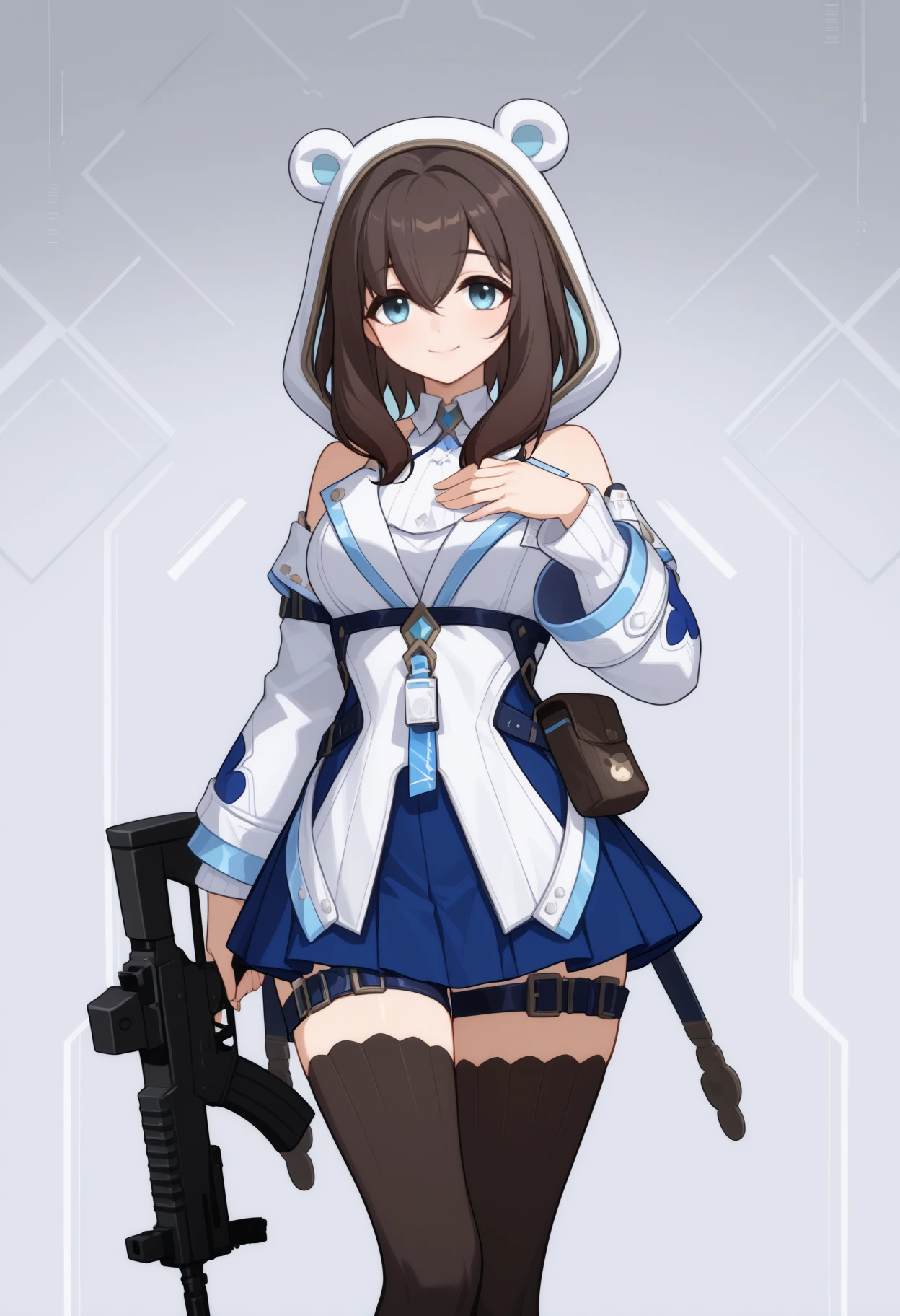 masterpiece, best quality, <break> solo, 1girl, yv3tte, smile, looking at viewer, standing, holding gun, assault rifle, hand on own chest, long hair, brown hair, hair between eyes, blue eyes, white jacket, hooded jacket, bear hood, hood up, white sleeves, detached sleeves, white shirt, blue skirt, pleated skirt, black thighhighs, thigh pouch, bare shoulders, grey background, abstract background
<segment:yolo-Anzhc Face seg 640 v2 y8n.pt,0.4,0.5//cid=1>