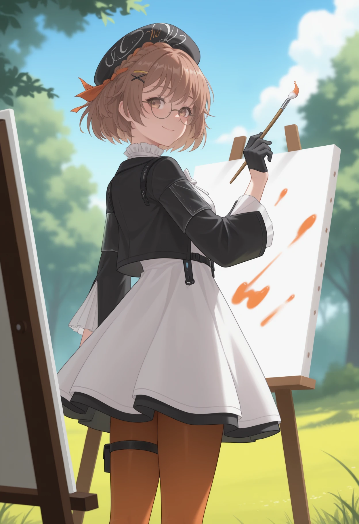 masterpiece, best quality, <break> from behind, solo, 1girl, maddelena, smile, looking back, standing, holding paintbrush, painting \(action\), short hair, brown hair, braid, hairclip, black headwear, beret, brown eyes, glasses, black jacket, open jacket, long sleeves, white dress, frilled collar, white bowtie, black gloves, orange pantyhose, thigh strap, outdoors, blue sky, cloud, canvas \(object\), nature, grass, tree
<segment:yolo-Anzhc Face seg 640 v2 y8n.pt,0.4,0.5//cid=1>