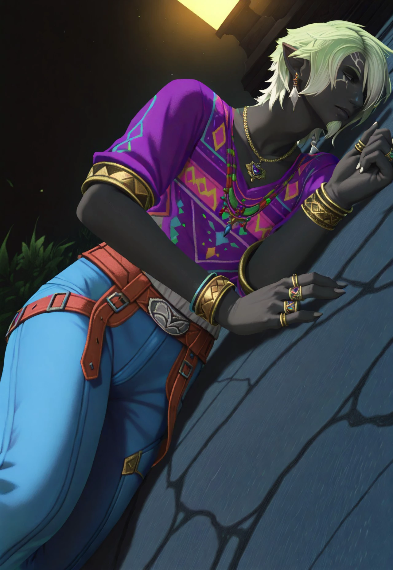 KRH1ST1A, elvaan, jewelry, ring, solo, 1boy, black skin, male focus, colored skin, pointy ears, bracelet, pants, earrings, dutch angle, necklace, short hair, belt, green hair, blue pants, elezen, laying on the ground, vibrant color, cinematic lighting, cinematic angle,  best quality