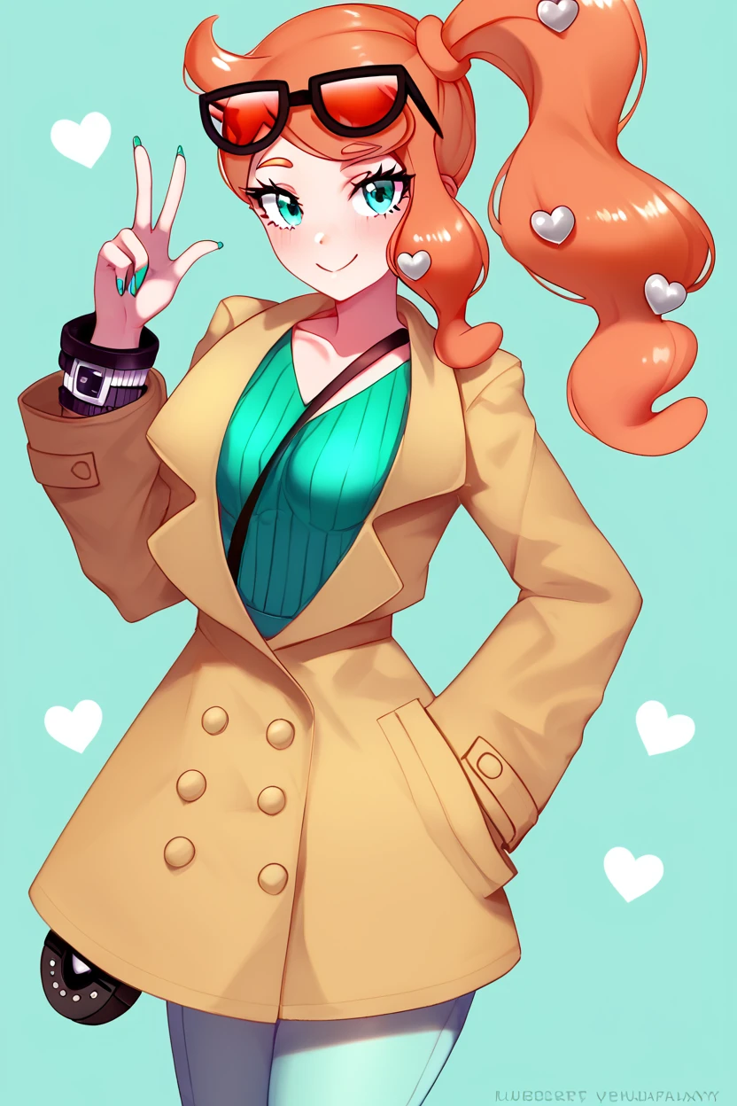 score_9, score_8_up, score_8, medium breasts, (curvy), cute, eyelashes,       ,,, , ,,, zzSonia, aqua eyes, long hair, orange hair, long hair, side ponytail, coat, hair ornament, heart, heart hair ornament, brown coat, ribbed shirt, shirt, sunglasses, eyewear on head,  <lora:Sonia_Pokemon_PDXL:1.0>,    ,,,, BREAK, smile, closed mouth, looking at viewer, cowboy shot, ,,, embedding:zPDXL, Expressiveh, ,,, <lora:Puppypaww_Style_PDXL_v2:0.8>, <lora:SDXLFaeTastic2400:0.5>, <lora:Expressive_H-000001:0.4>,