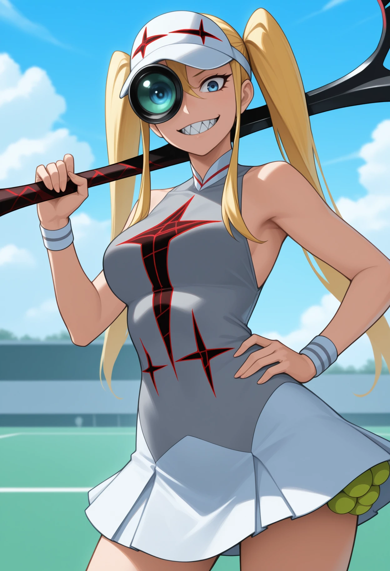 masterpiece, best quality, <break> solo, 1girl, hak0date, sharp teeth, grin, looking at viewer, standing, contrapposto, hand on own hip, holding tennis racket, weapon over shoulder, long hair, blonde hair, twintails, visor cap, scope, blue eyes, tennis uniform, short dress, grey dress, sleeveless dress, white skirt, tennis ball, wristband, bare shoulders, outdoors, blue sky, cloud, tennis court
<segment:yolo-Anzhc Face seg 640 v2 y8n.pt,0.4,0.5//cid=1>