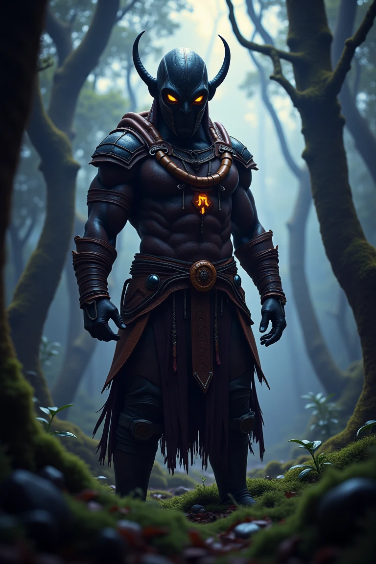 A Voxav clan member stands tall in a mystical forest glade, lit by soft, eerie illumination that accentuates the worn leather armor's rugged texture. The camera frames their unyielding gaze and powerful physique, emphasizing their strength and readiness to defend their kin at a moment's notice. The surrounding mist-shrouded trees create an atmosphere of unity and determination, as if they are one with the land and their tribe.,voxav clan